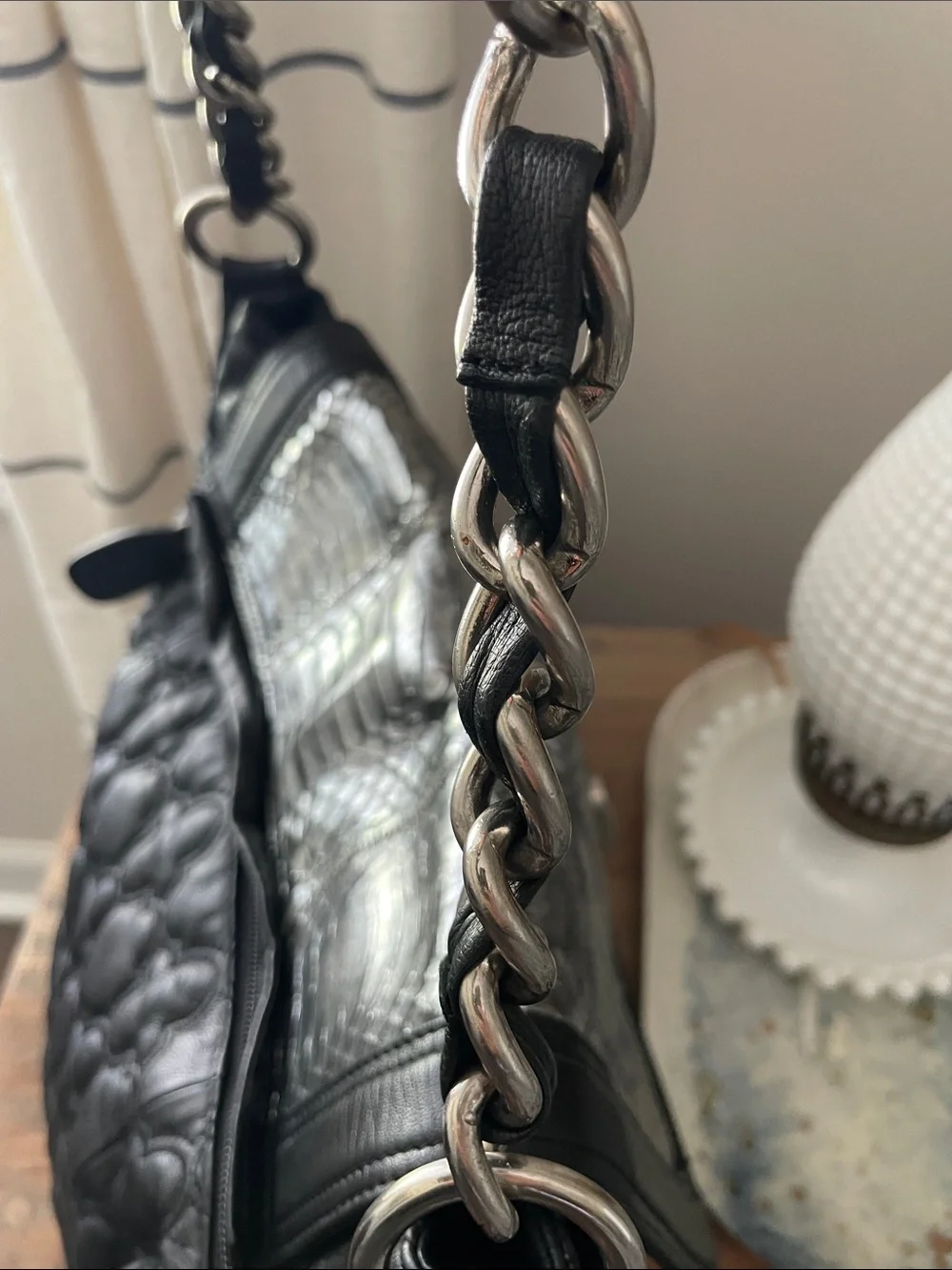 Chi by Carlos Falchi Black Leather Shoulder Bag with Silver Snake-Print Flap